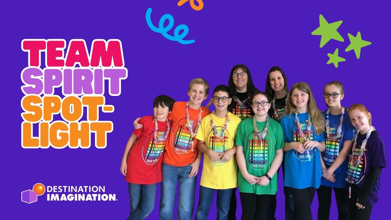 A DI team and their Team Managers wearing colorful matching shirts and posing together against a dark blue graphic background with the words “Team Spirit Spotlight.”
