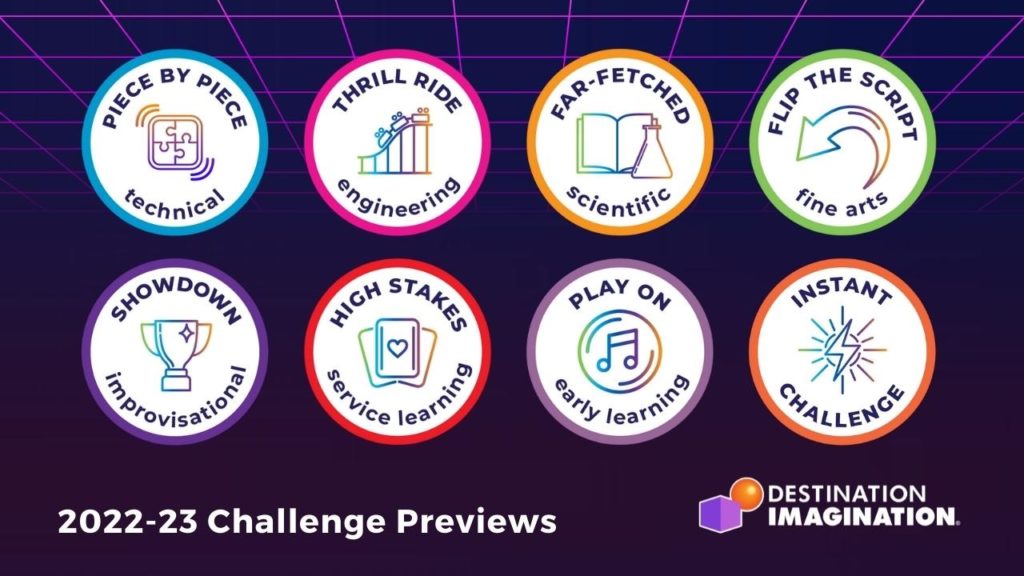 22-23 Destination Imagination Challenge Previews. Image includes the logos for next season's challenges.