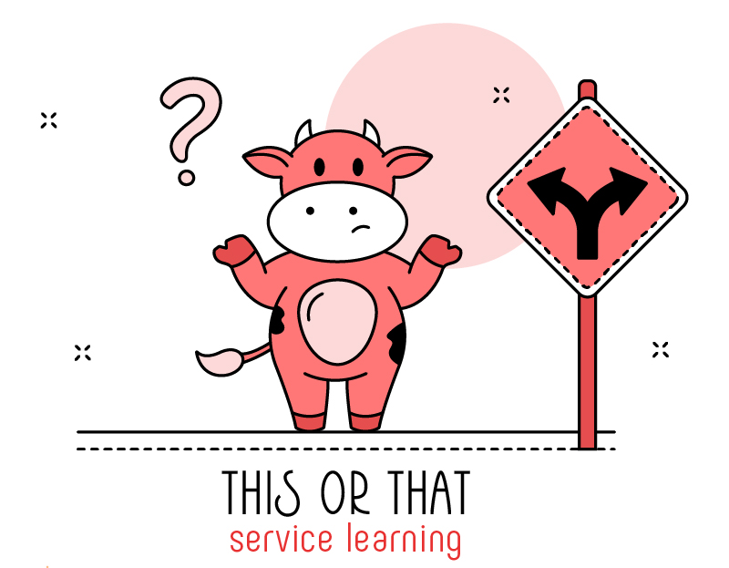 24-25 Service Learning - This Or That - Cow Pondering a Fork in the Road Sign