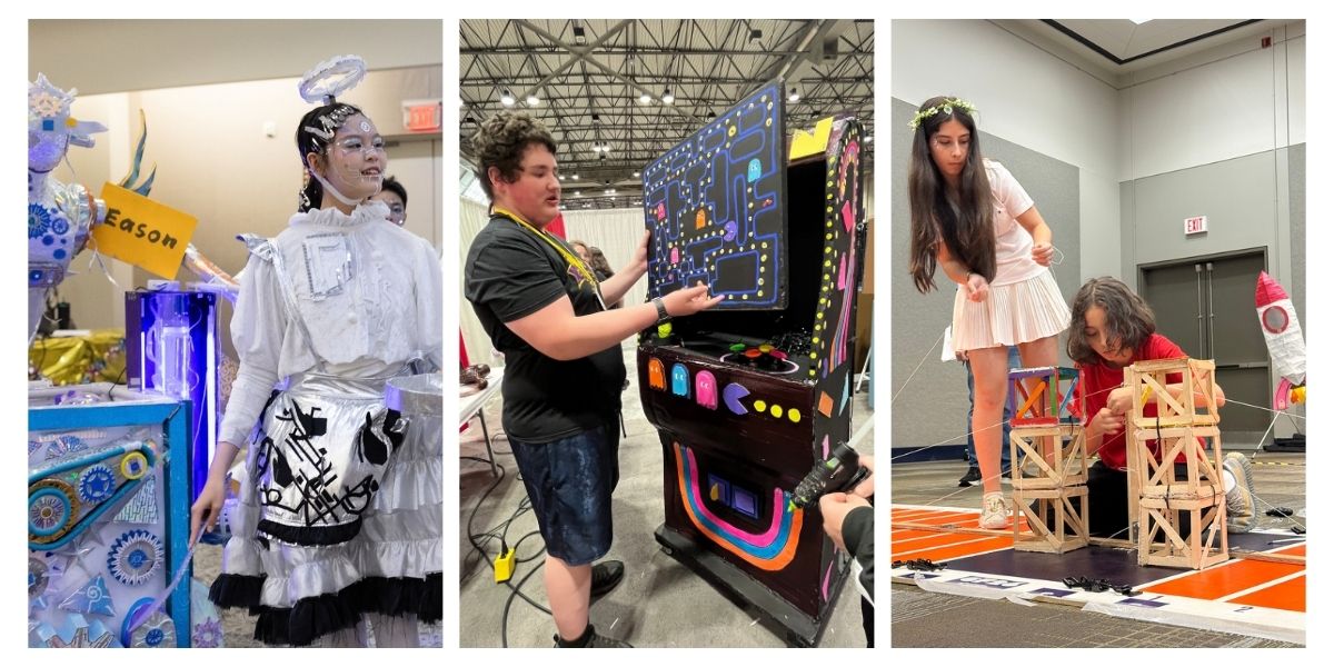 Three photos show Destination Imagination students presenting their creations: a student in an elaborate costume, a student demonstrating an arcade-style game, and two students working with a wooden structure.
