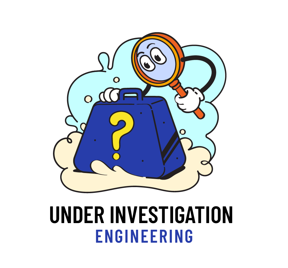 26-27 ENGINEERING Logo depicts a cartoon magnifying glass inspecting a weight with a question mark