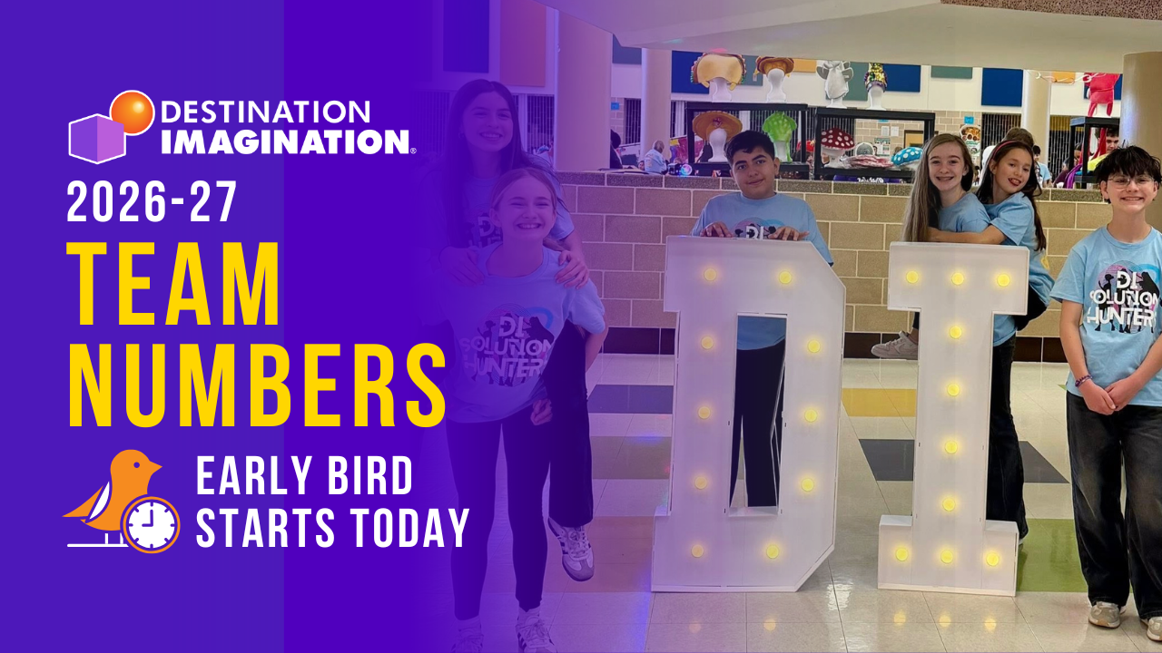 DI students pose around large illuminated “DI” letters at a local DI tournament. Text overlay reads: “2026–27 Team Numbers. Early Bird starts today.”