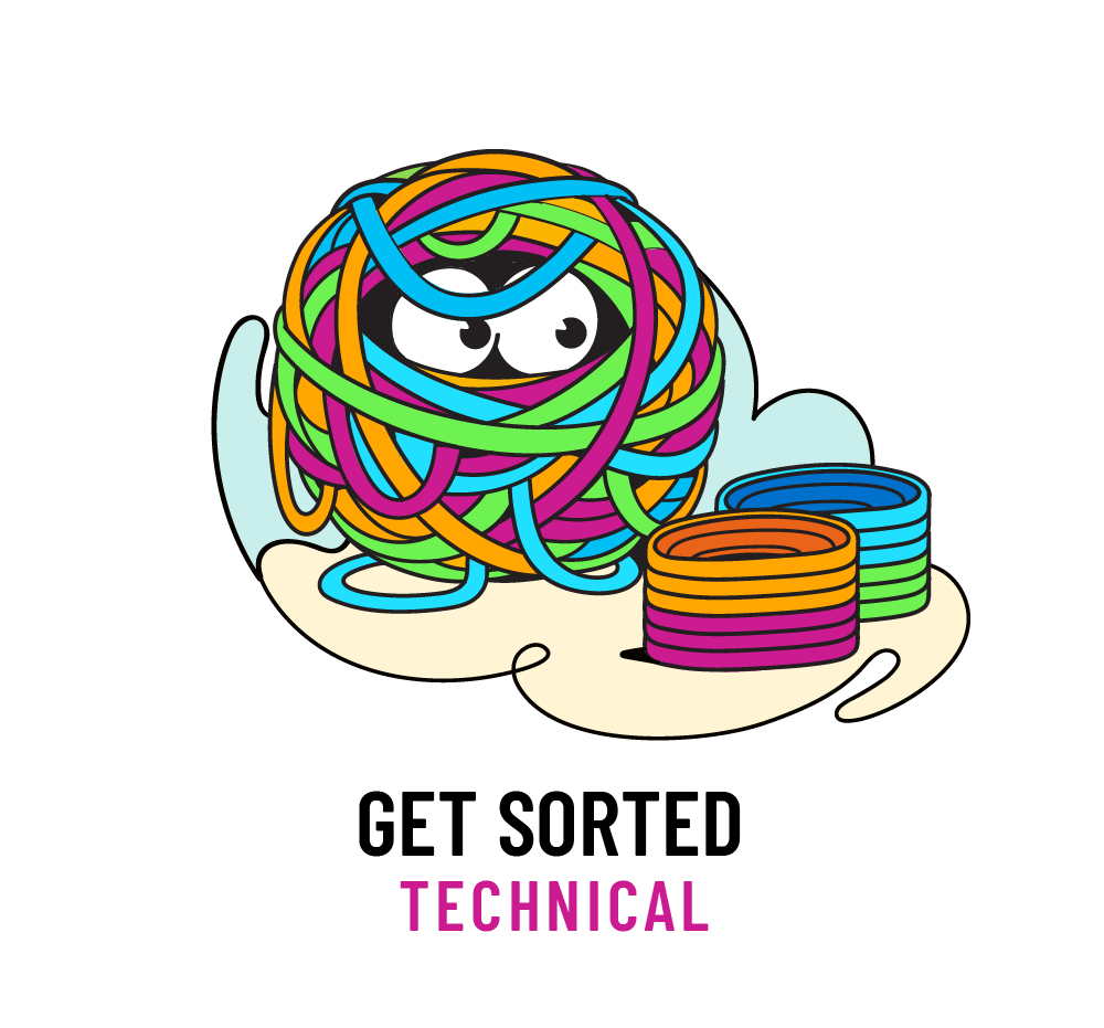 26-27 TECHNICAL Logo depicts a rubber band ball that is being sorted into colors