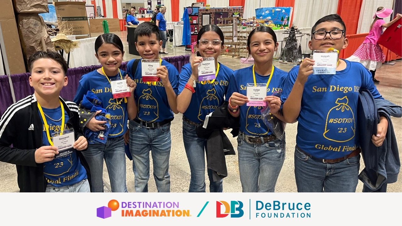 A photo of a Destination Imagination team at Global Finals 2023 after they took their Agilities test.