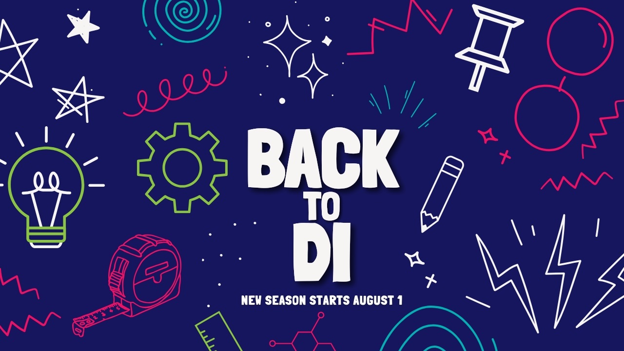 Large text says "Back to DI" and is surrounded by school-themed icons, including a ruler, pencil, and a lightbulb.