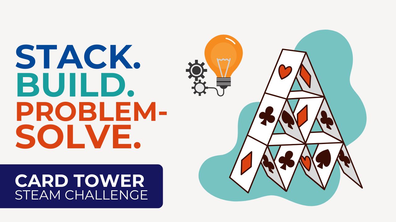 Illustration of a tower made from playing cards. Text says, "Stack. Build. Problem-Solve."