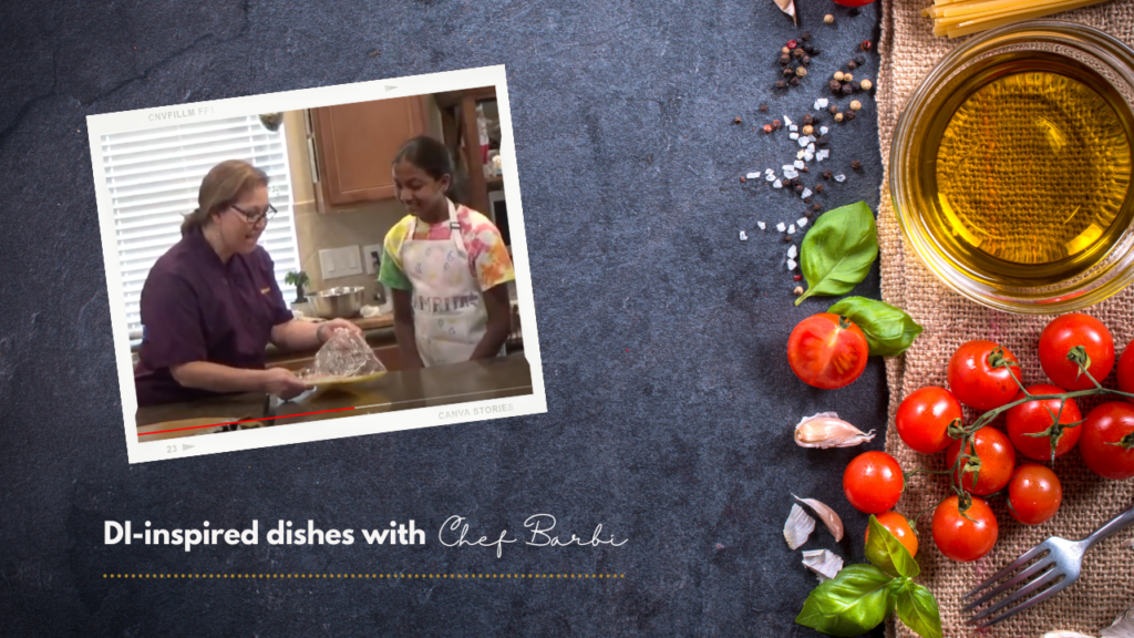Photo of DI volunteer, Barbi Loftis, and a DI participant. Text says, "DI-inspired dishes with Chef Barbi"