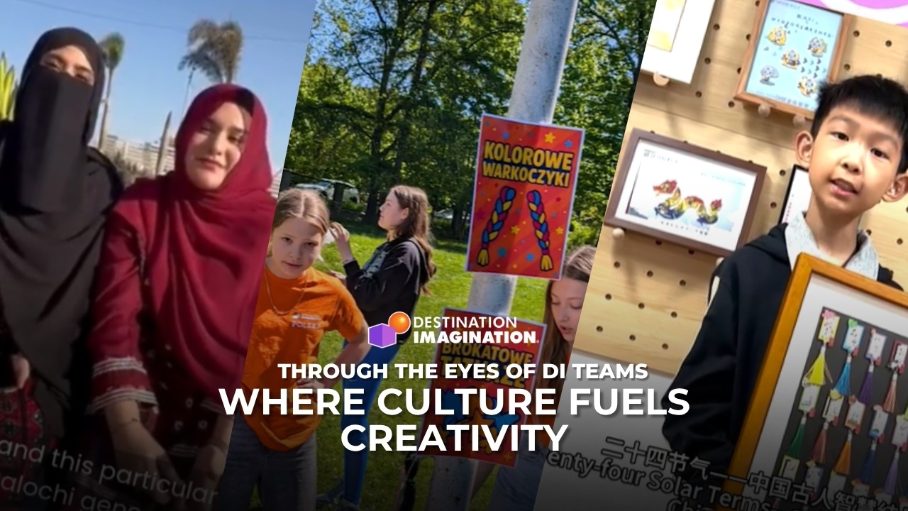 Screenshots taken from videos of 3 different DI teams sharing their creativity and culture on camera. Text says, "Through the Eyes of DI Teams: Where Culture Meets Creativity."