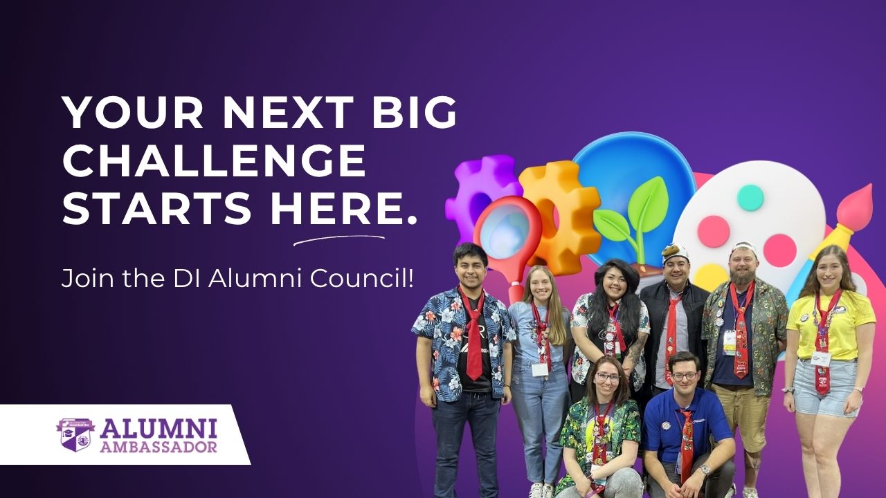A group of DI Alumni Council members pose together in front of colorful 3D icons, including gears, leaves, and an artist’s palette, on a purple background. Large text reads “Your Next Big Challenge Starts Here. Join the DI Alumni Council!” with the Alumni Ambassador logo in the corner.