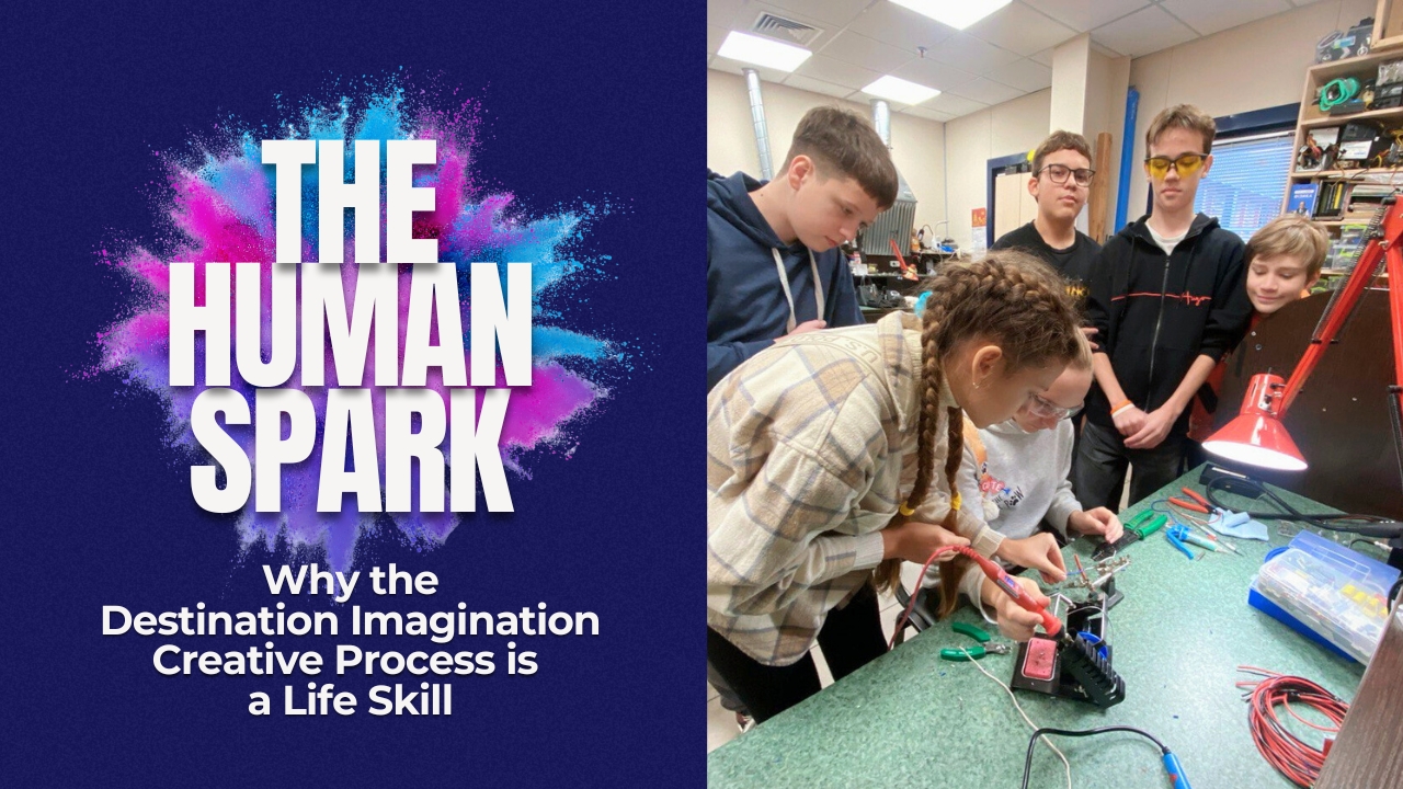 Image of a Ukrainian DI team working together at their team meeting. Text says, "The Human Spark: Why the DI Creative Process is a Life Skill"