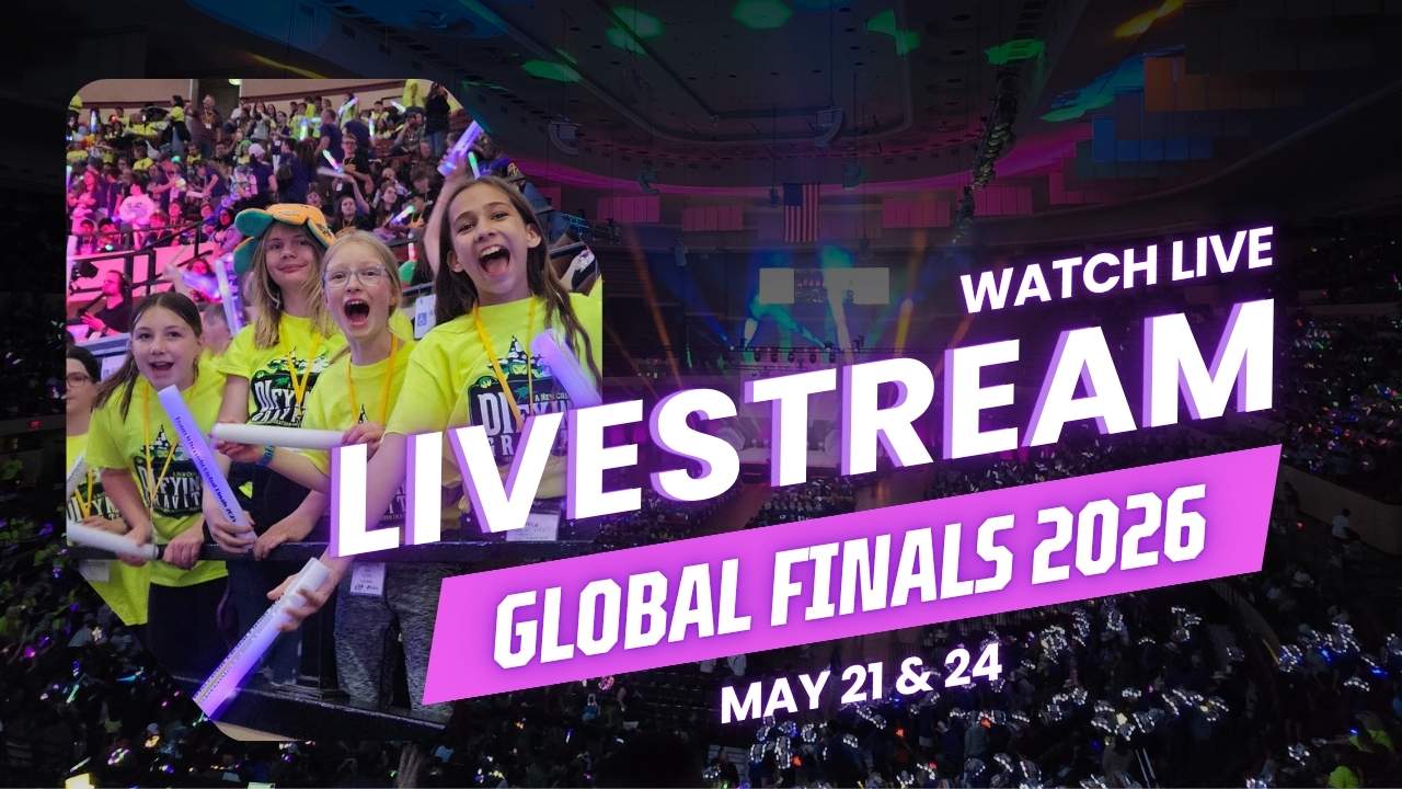 Excited students at Destination Imagination Global Finals cheer in a crowded arena beside text promoting the Global Finals 2026 livestream happening May 21 and 24.