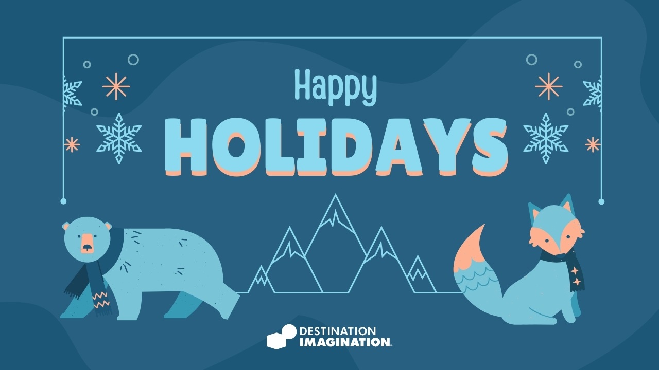 Text says "Happy Holidays" and includes illustrations of snowflakes, a polar bear, a fox, and an outline of snow-capped mountains.