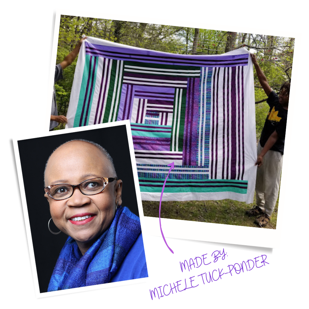 A photo of Michele Tuck-Ponder and a photo of a quilt she made