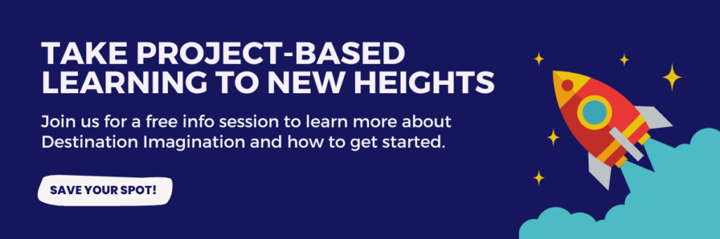 Rocket ship blasting off through the clouds. Text says, "Take project-based learning to new heights. Join us for a free info session to learn more about Destination Imagination."