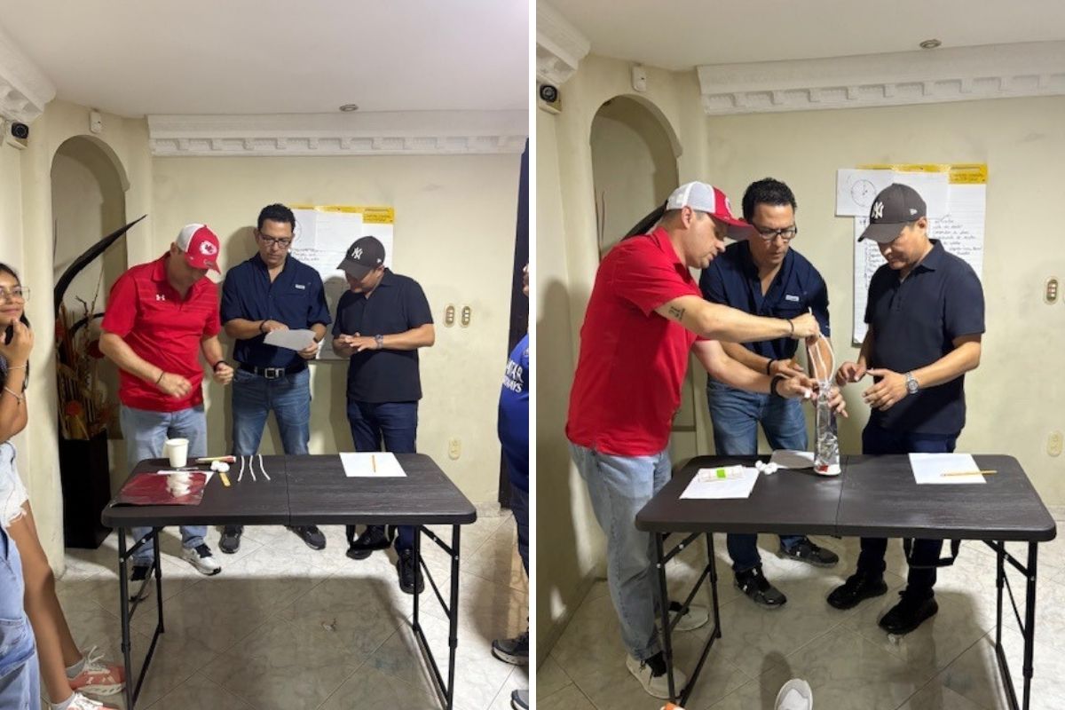 At their DI team meeting, the Creative Monsters team have their parents take on an Instant Challenge to see what it is like. In the first photo on the left, the parents are reading the instructions in front of a table of materials. In the photo on the right, the parents are building their tower together. 