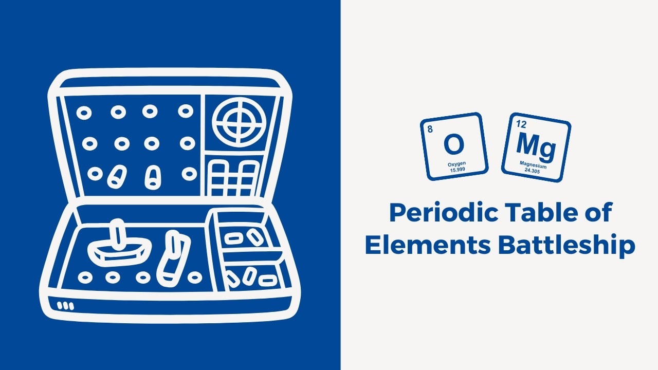 Illustration of the "Battleship" game. Text says, "Periodic Table of Elements Battleship."