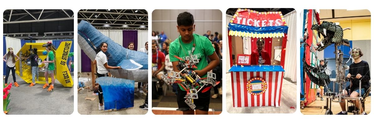 A collage of five Destination Imagination team creations:

A colorful “Sea Creature” structure with students adjusting bright coral props.

Two team members carrying a large, painted whale prop on a blue backdrop.

A student holding a complex handmade robotic device made from mixed materials.

A carnival-style red-and-white striped “Tickets” booth with a puppet inside.

A tall mechanical-style structure with gears and tubing, operated by two students wearing safety goggles.