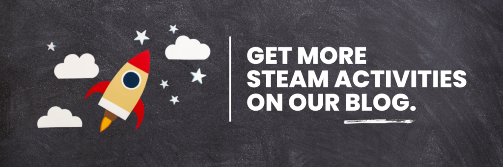Cut-outs of a rocket ship and clouds. Text says, "Get more STEAM activities on our blog." 