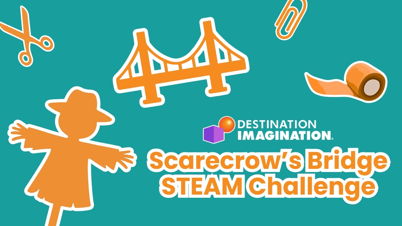 Orange cut-outs of a scarecrow, bridge, scissors, tape, and other materials. Text says, "Scarecrow's Bridge STEAM Challenge."