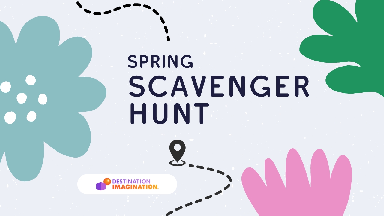 Text says "Spring Scavenger Hunt" with blue, green, and pink flowers and leaves.