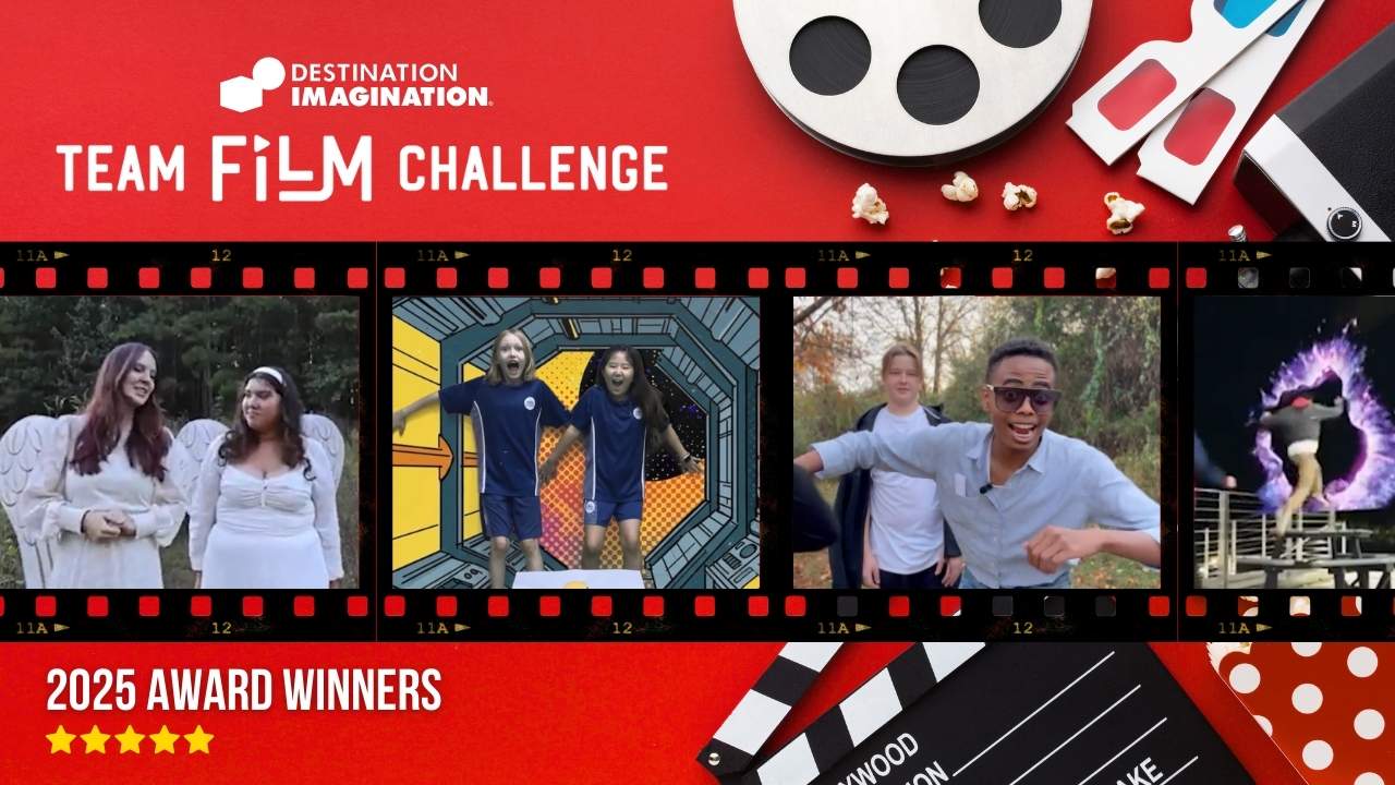 A red film-themed banner with the Destination Imagination logo and “Team Film Challenge.” Four stills from student films appear in a filmstrip. At the bottom, “2025 Award Winners” is displayed above a clapperboard and movie icons.
