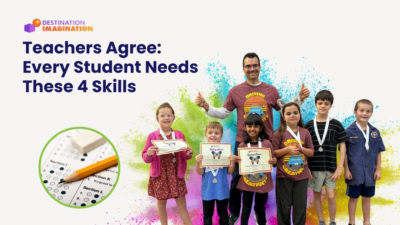 Image of a Team Manager and his Early Learning DI team wearing medals and holding celebratory certificates after presenting their solution at their DI showcase.