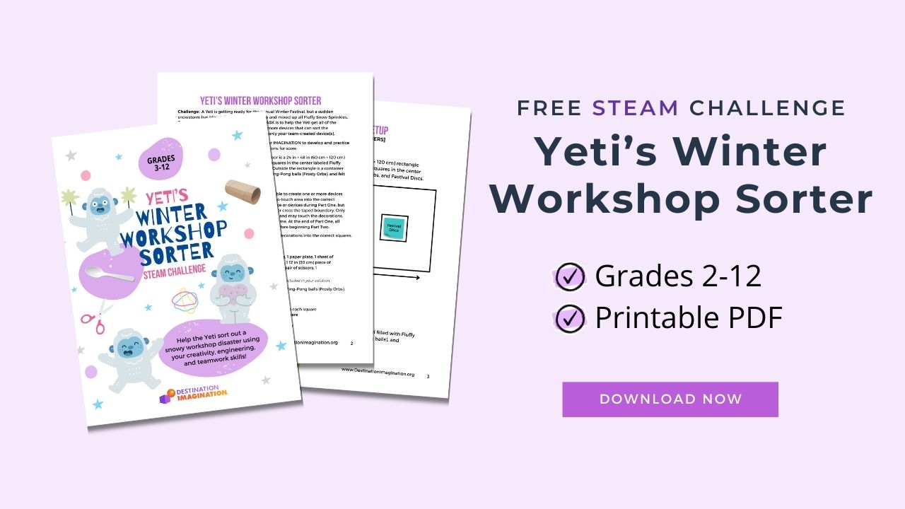Promotional graphic for the free printable “Yeti’s Winter Workshop Sorter” STEAM Challenge. A stack of three pages shows the illustrated cover, instruction page, and setup diagram. Text highlights “Grades 2–12,” “Printable PDF,” and a “Download Now” button on a light purple background.