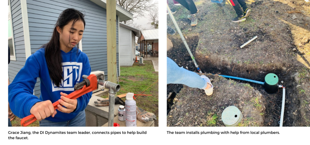 Photo on left: Gracie Jiang, the DI Dynamites team leader, uses a wrench to connect pipes in the water station. 
Photo on right: The team installs plumbing with help from local plumbers.