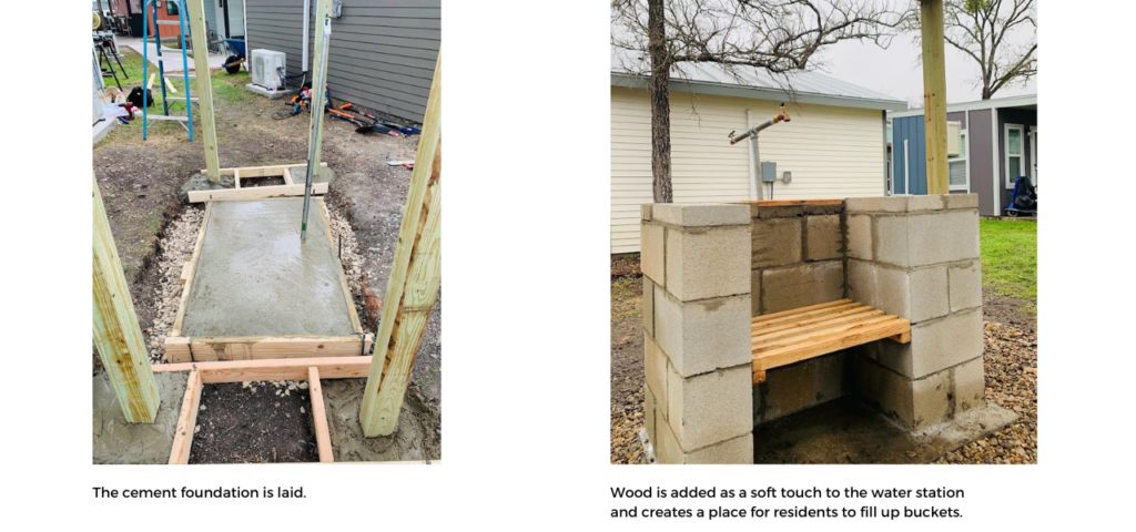Photo on left: The cement foundation is laid. 
Photo on right: Wood is added as a soft touch to the water station and creates an place for residents to fill up buckets. 
