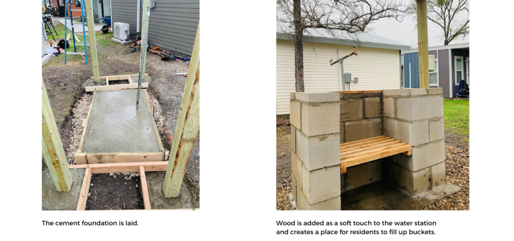 Photo on left: The cement foundation is laid.
Photo on right: Wood is added as a soft touch to the water station and creates an place for residents to fill up buckets.