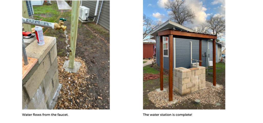 Photo on left: Water flows from the faucet.
Photo on right: The water station is complete .